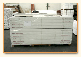 Palletised bundles wrapped and labelled for shipment.
