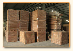 Sawn stock stacked and bundled in the warehouse.